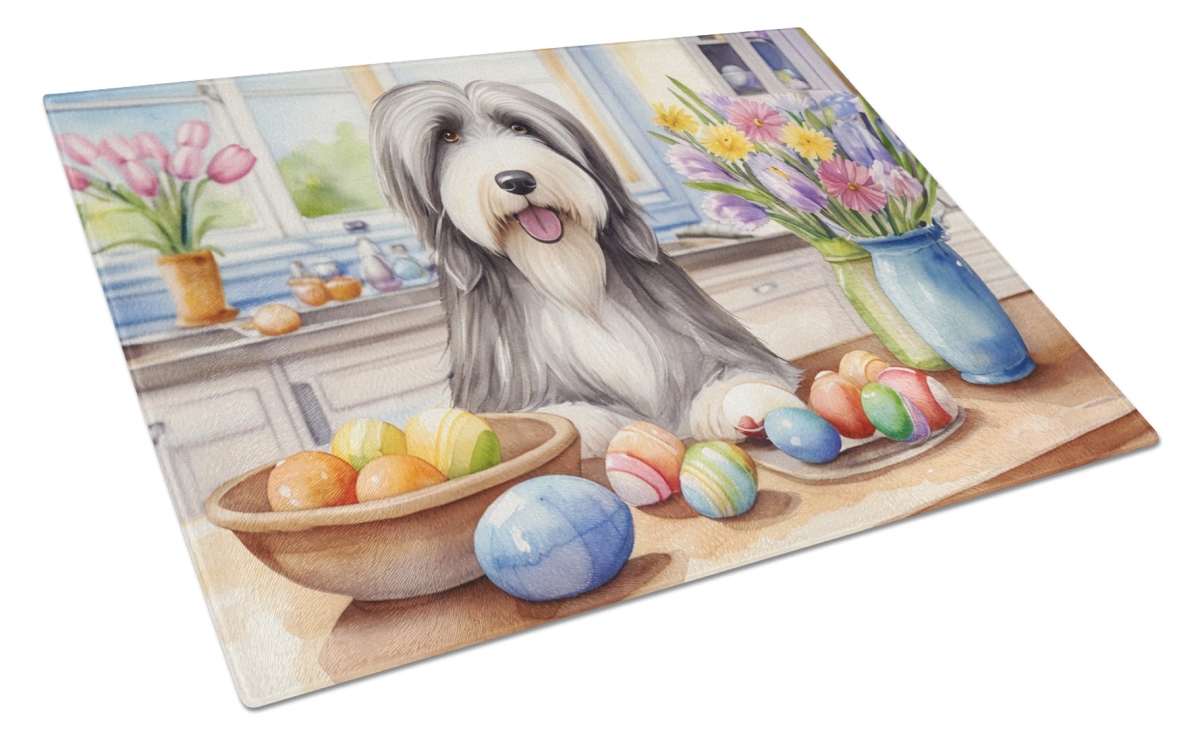 DAC6755LCB 15 x 12 in. Decorating Easter Bearded Collie Glass Cutting Board