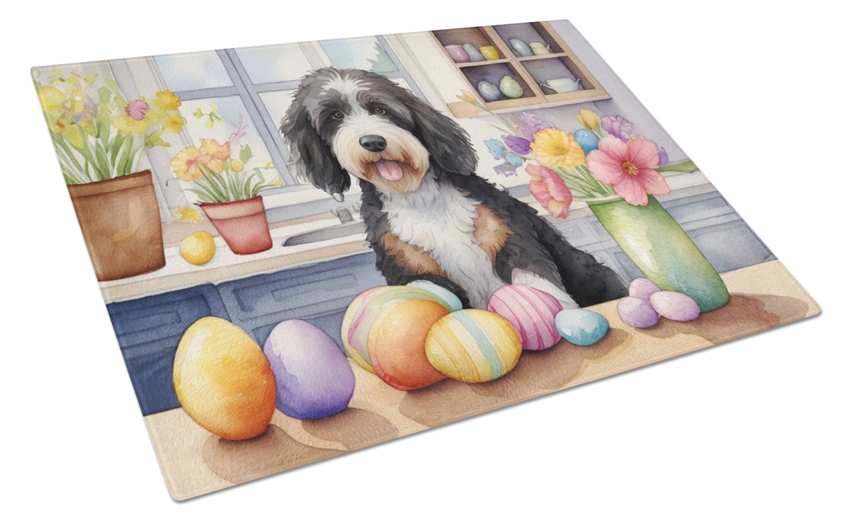 DAC6761LCB 15 x 12 in. Decorating Easter Bernedoodle Glass Cutting Board