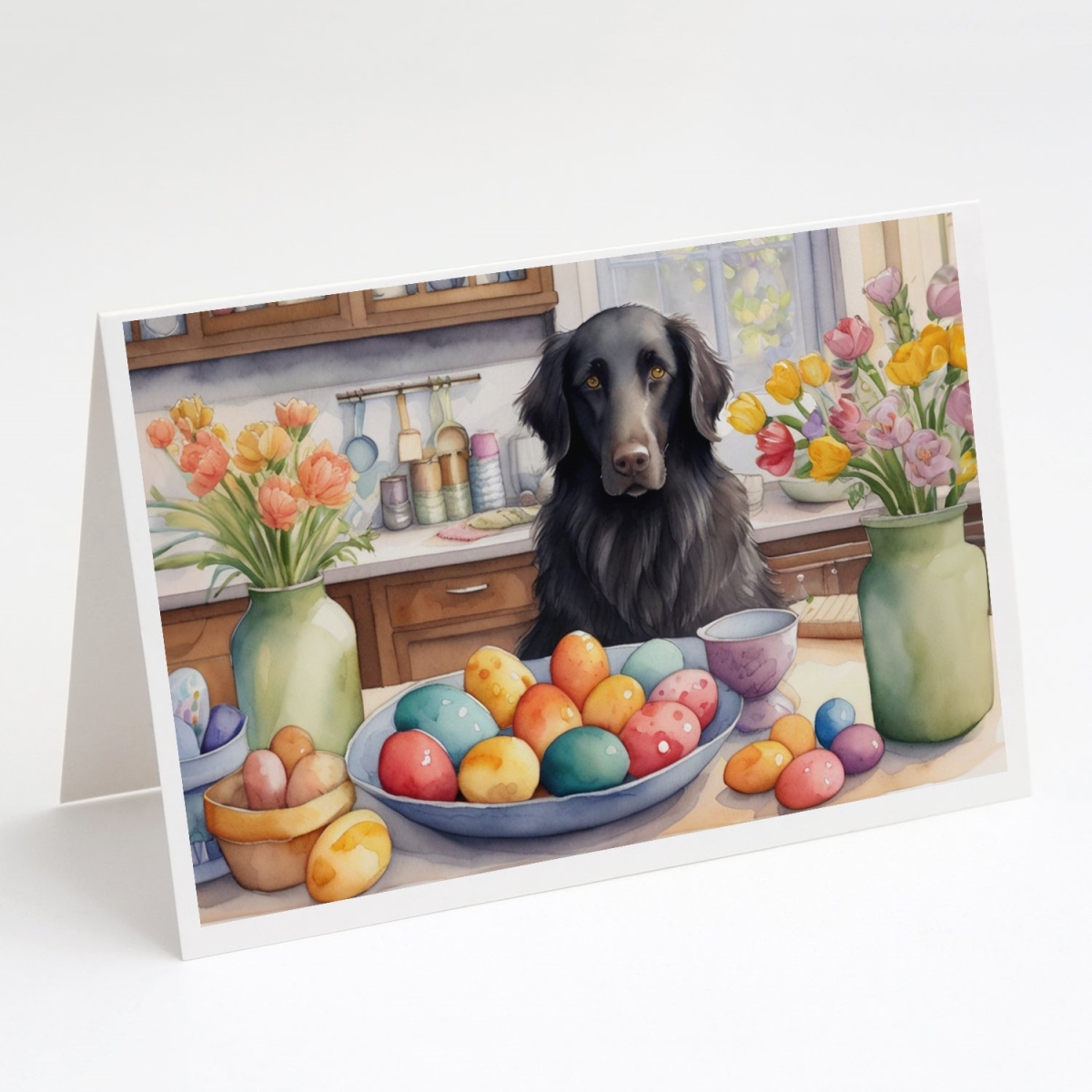 DAC6812GCA7P 5 x 7 in. Decorating Easter Flat-Coated Retriever Greeting Cards - Pack of 8