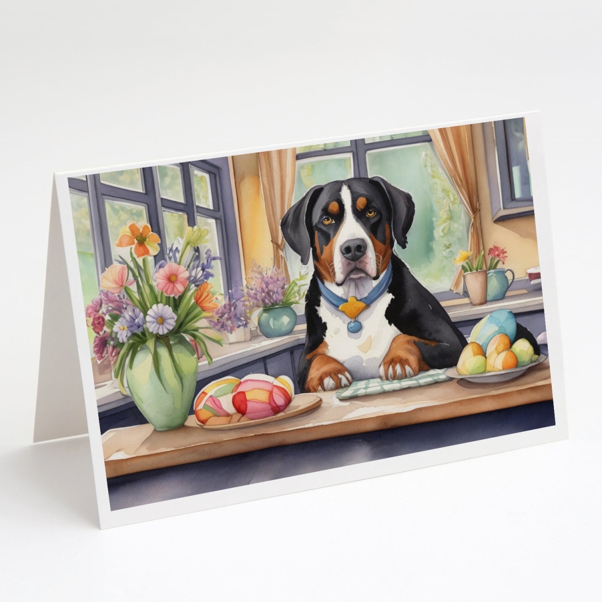 DAC6830GCA7P 5 x 7 in. Decorating Easter Greater Swiss Mountain Dog Greeting Cards - Pack of 8