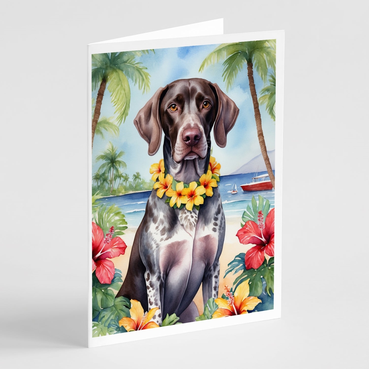 DAC6439GCA7P 5 x 7 in. German Shorthaired Pointer Luau Greeting Cards - Pack of 8