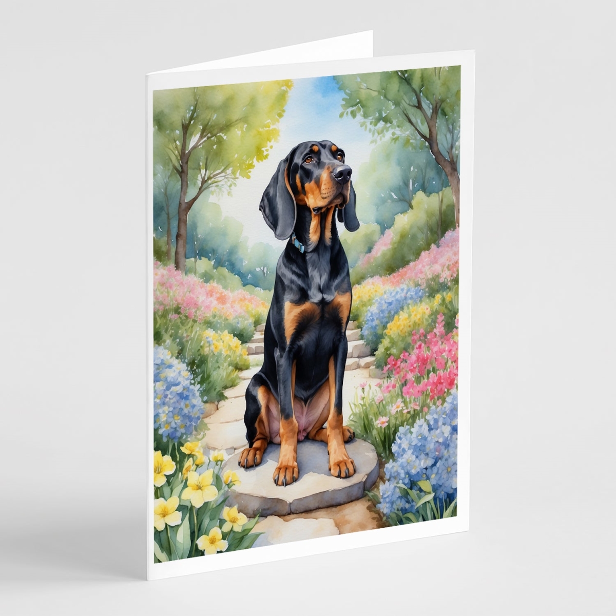 DAC6570GCA7P 5 x 7 in. Black & Tan Coonhound Spring Path Greeting Cards - Pack of 8