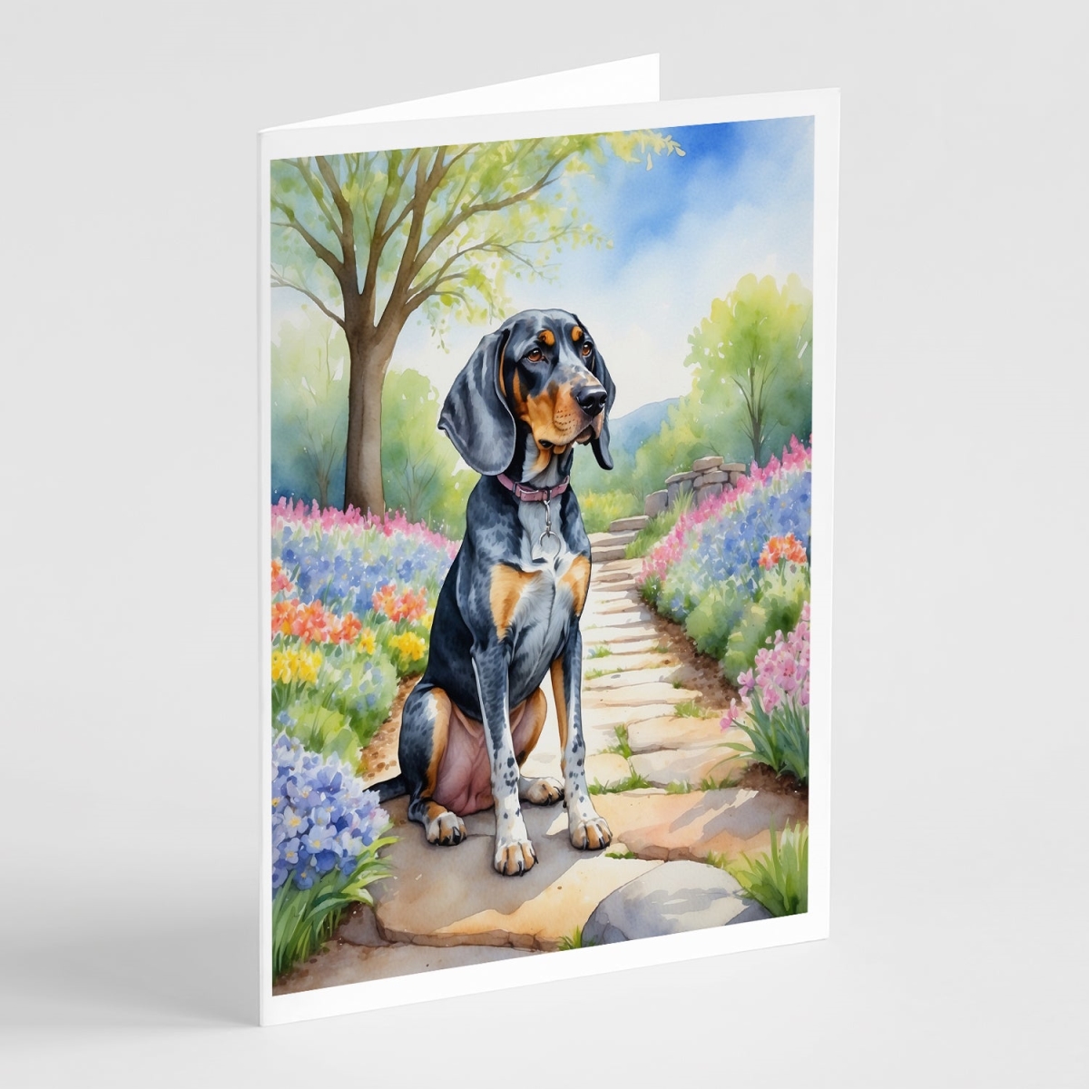 DAC6572GCA7P 5 x 7 in. Bluetick Coonhound Spring Path Greeting Cards - Pack of 8