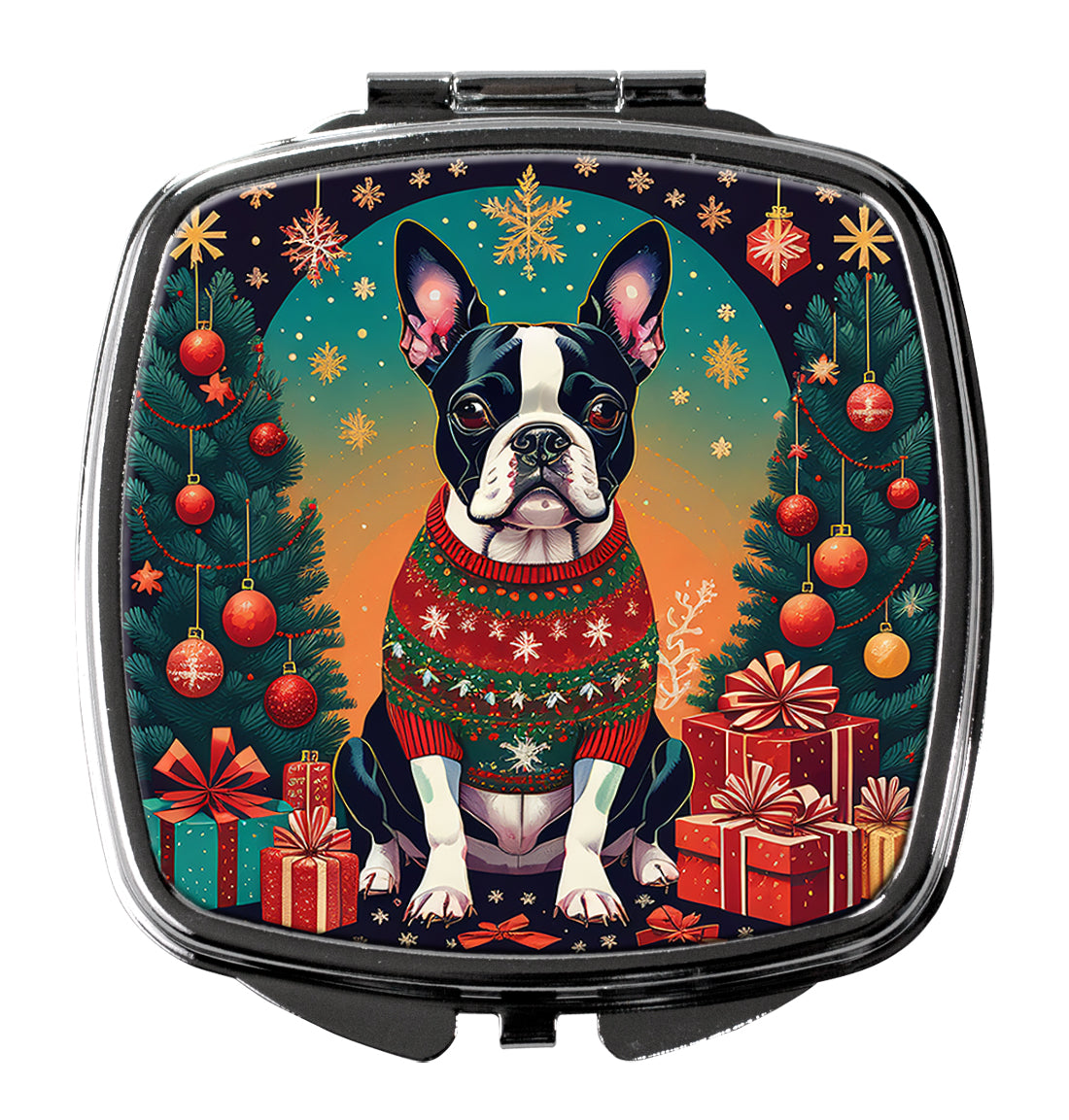 3 x 2.75 in. Boston Terrier Christmas Compact Mirror