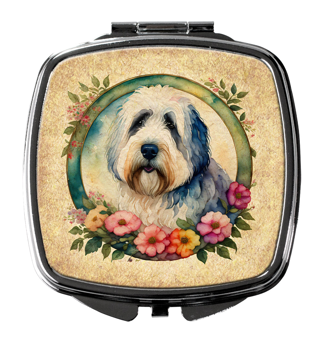 DAC2179SCM 3 x 2.75 in. Old English Sheepdog & Flowers Compact Mirror