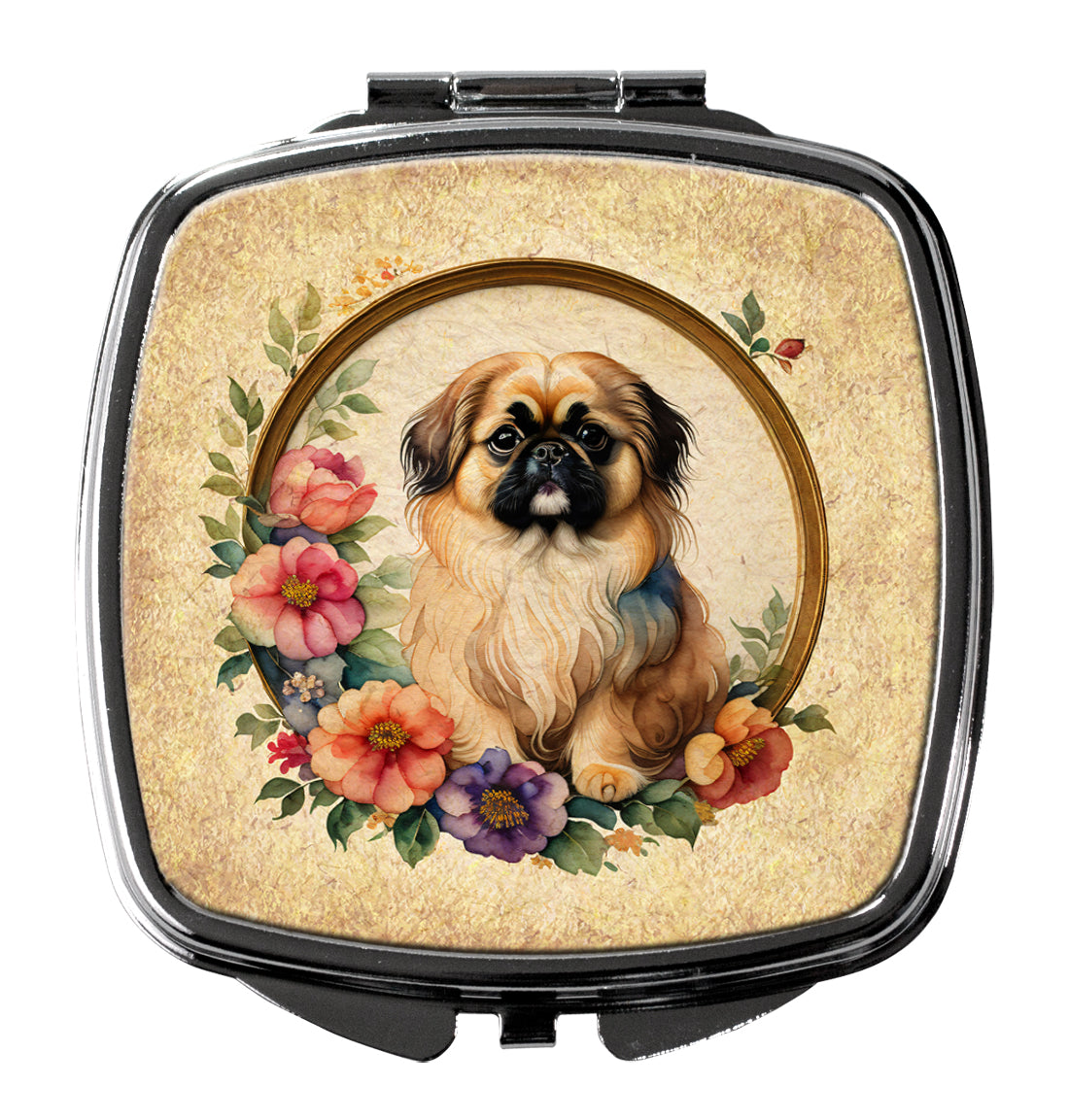 DAC2182SCM 3 x 2.75 in. Pekingese & Flowers Compact Mirror