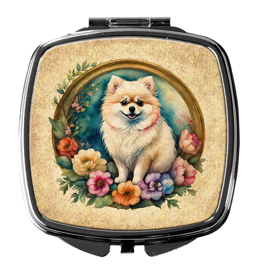 DAC2183SCM 3 x 2.75 in. Pomeranian & Flowers Compact Mirror