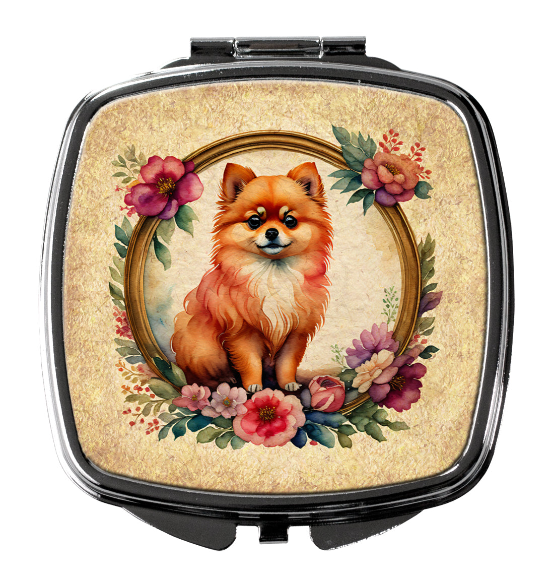 DAC2184SCM 3 x 2.75 in. Pomeranian & Flowers Compact Mirror