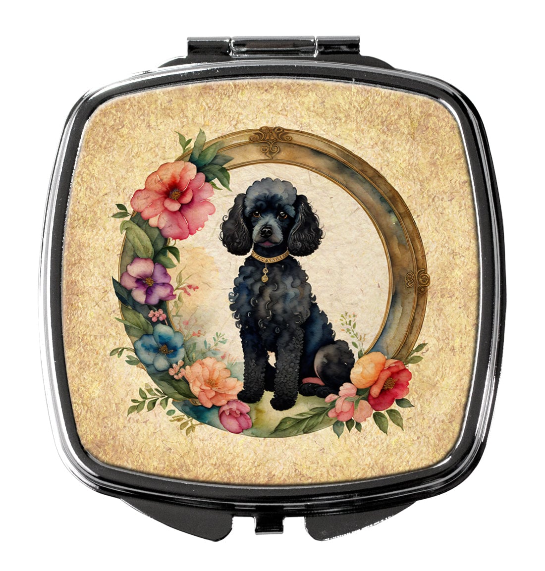 DAC2185SCM 3 x 2.75 in. Black Poodle & Flowers Compact Mirror