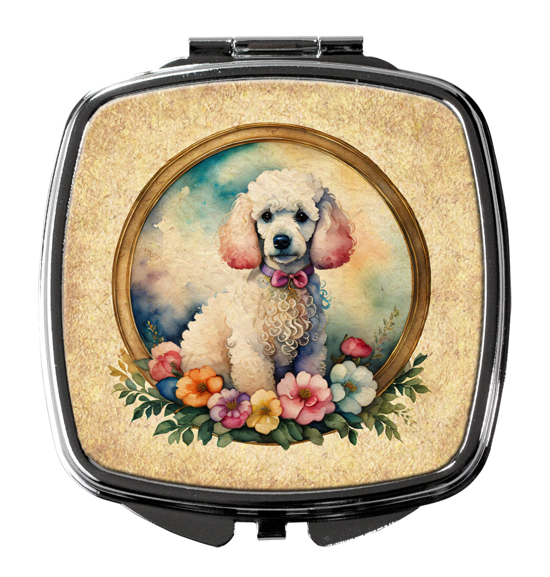 DAC2187SCM 3 x 2.75 in. White Poodle & Flowers Compact Mirror