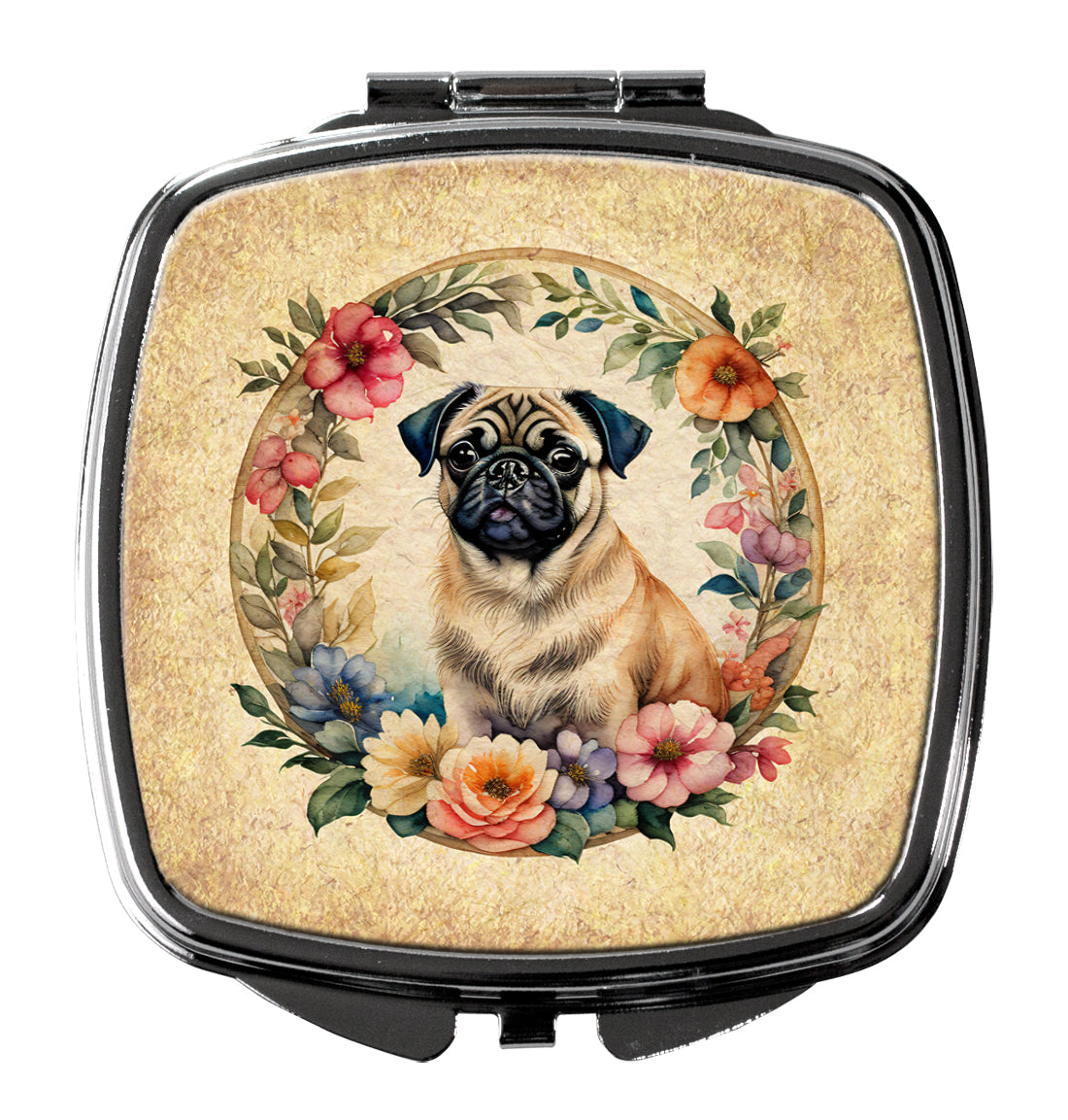 DAC2190SCM 3 x 2.75 in. Fawn Pug & Flowers Compact Mirror