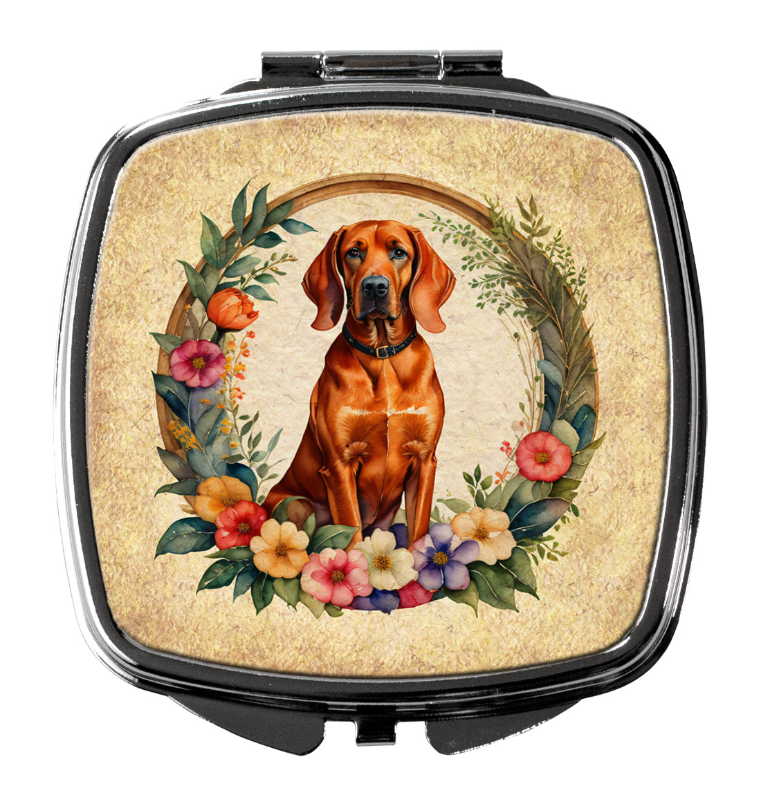 DAC2191SCM 3 x 2.75 in. Redbone Coonhound & Flowers Compact Mirror