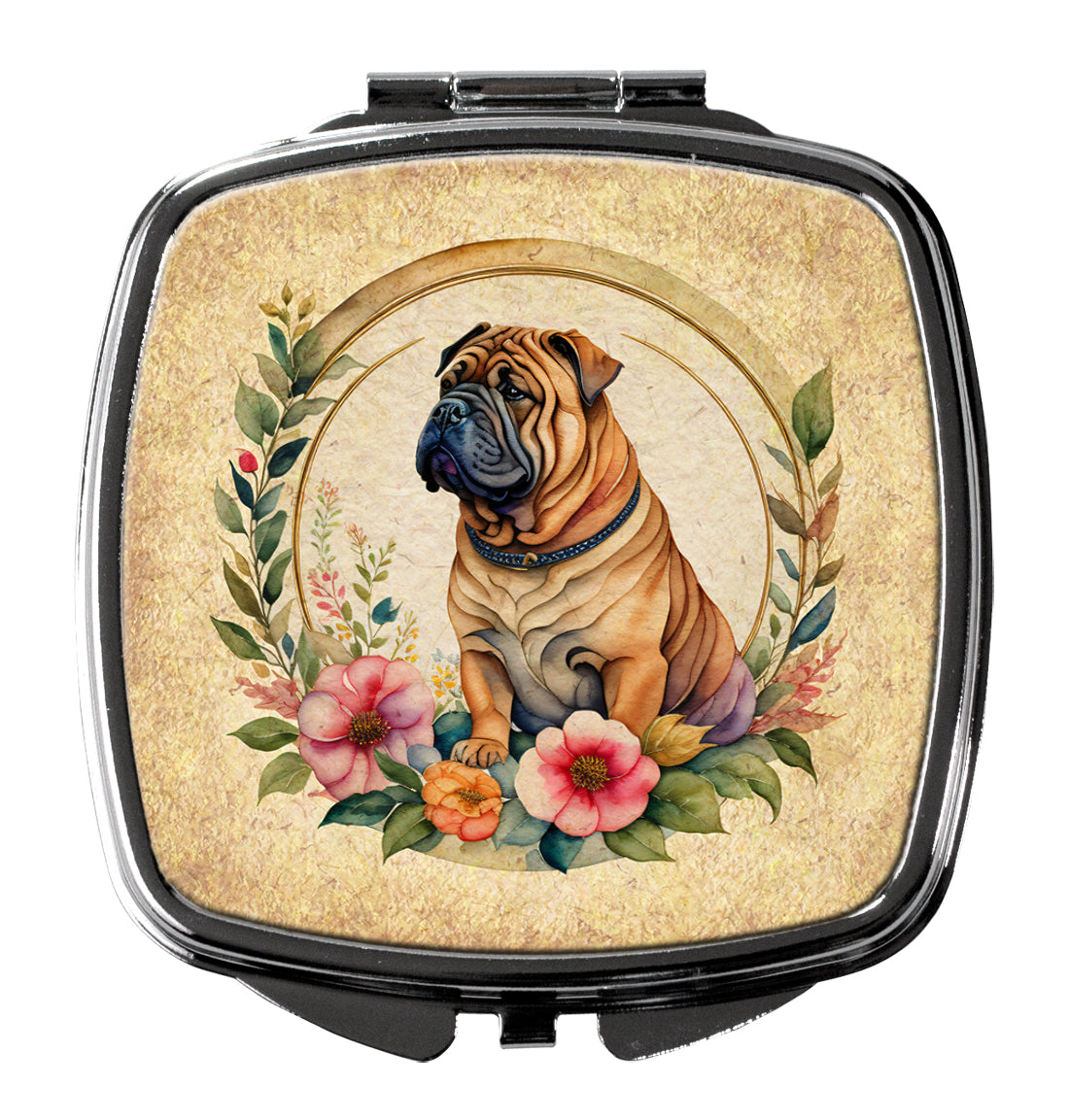 DAC2200SCM 3 x 2.75 in. Shar Pei & Flowers Compact Mirror
