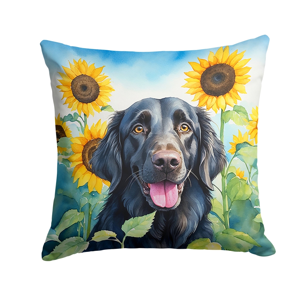 14 x 14 in. Flat-Coated Retriever in Sunflowers Throw Pillow