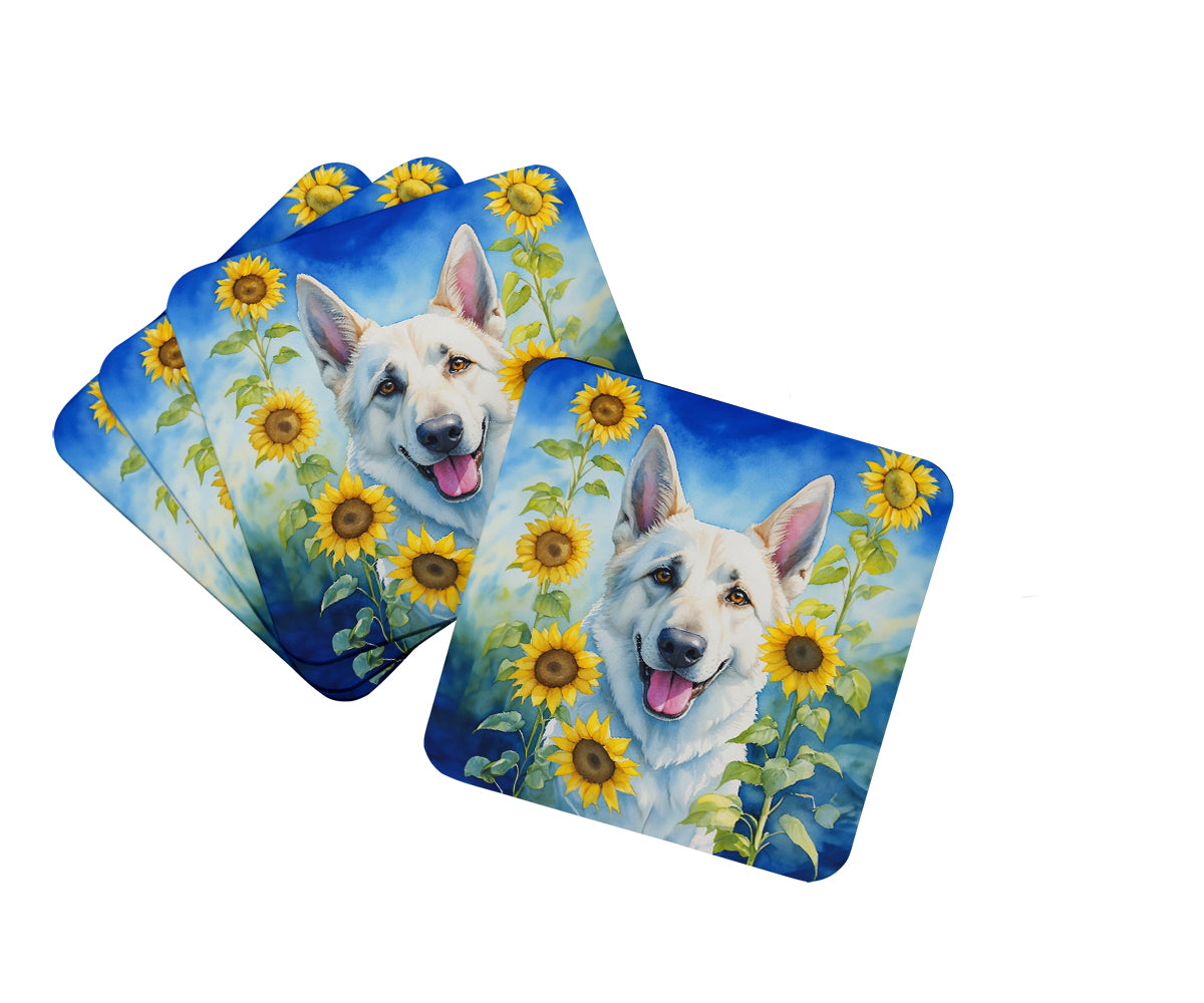 DAC6083FC 3.5 x 3.5 in. White German Shepherd in Sunflowers Foam Coasters - Set of 4
