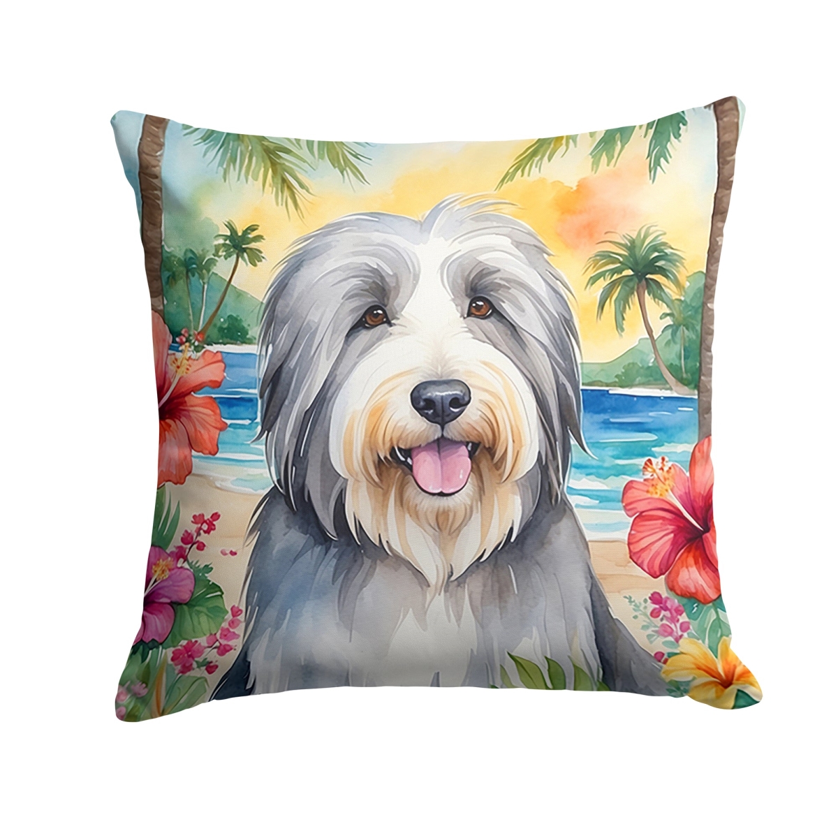 DAC6364PW1414 14 x 14 in. Bearded Collie Luau Throw Pillow