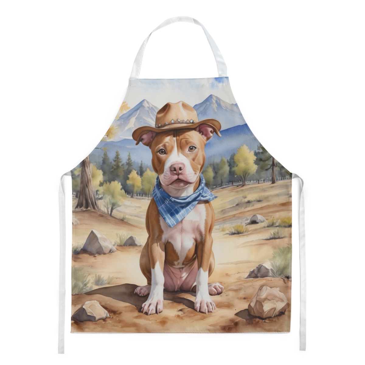 Picture of Carolines Treasures DAC5952APRON 30 x 27 in. Pit Bull Terrier Cowboy Welcome Apron