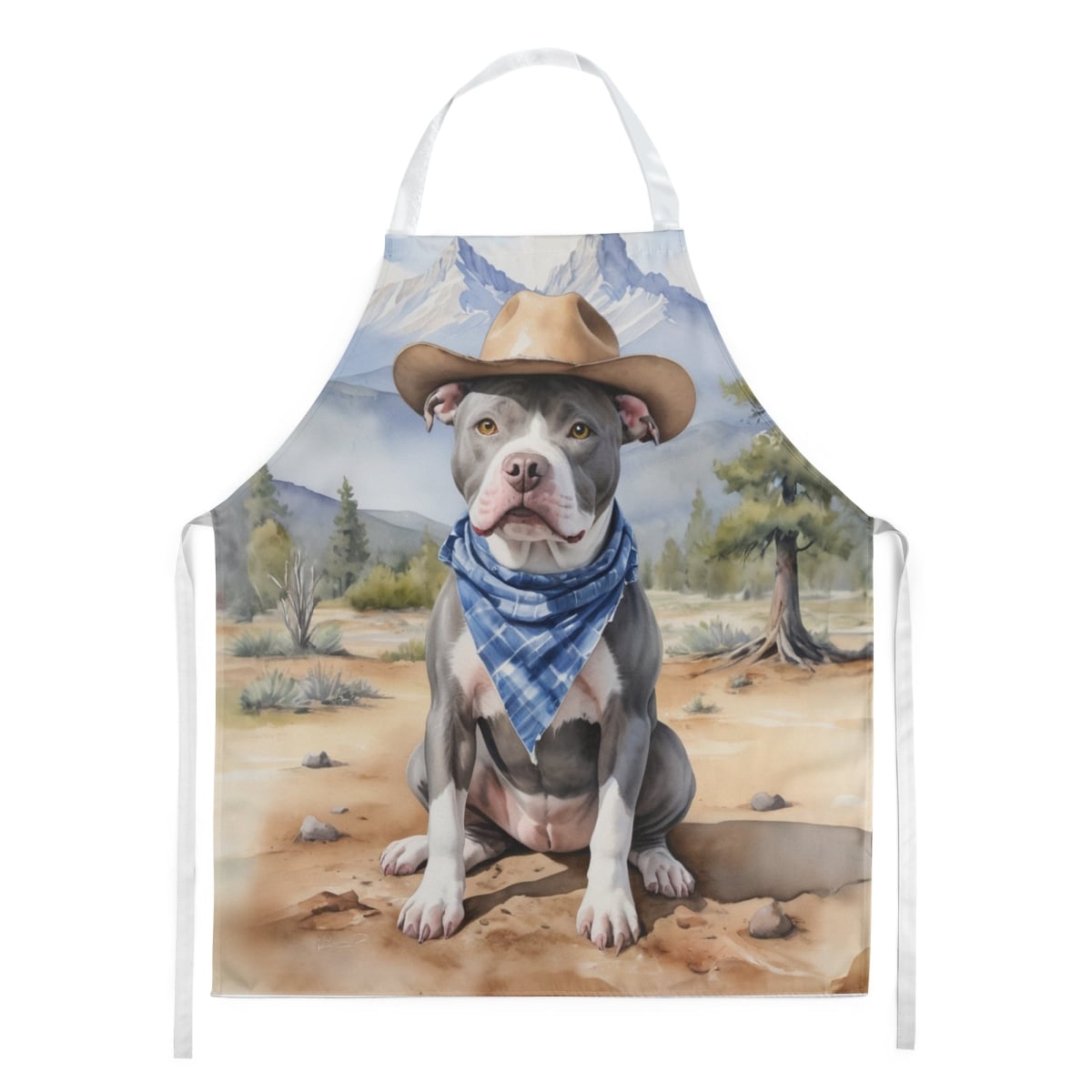 Picture of Carolines Treasures DAC5953APRON 30 x 27 in. Pit Bull Terrier Cowboy Welcome Apron