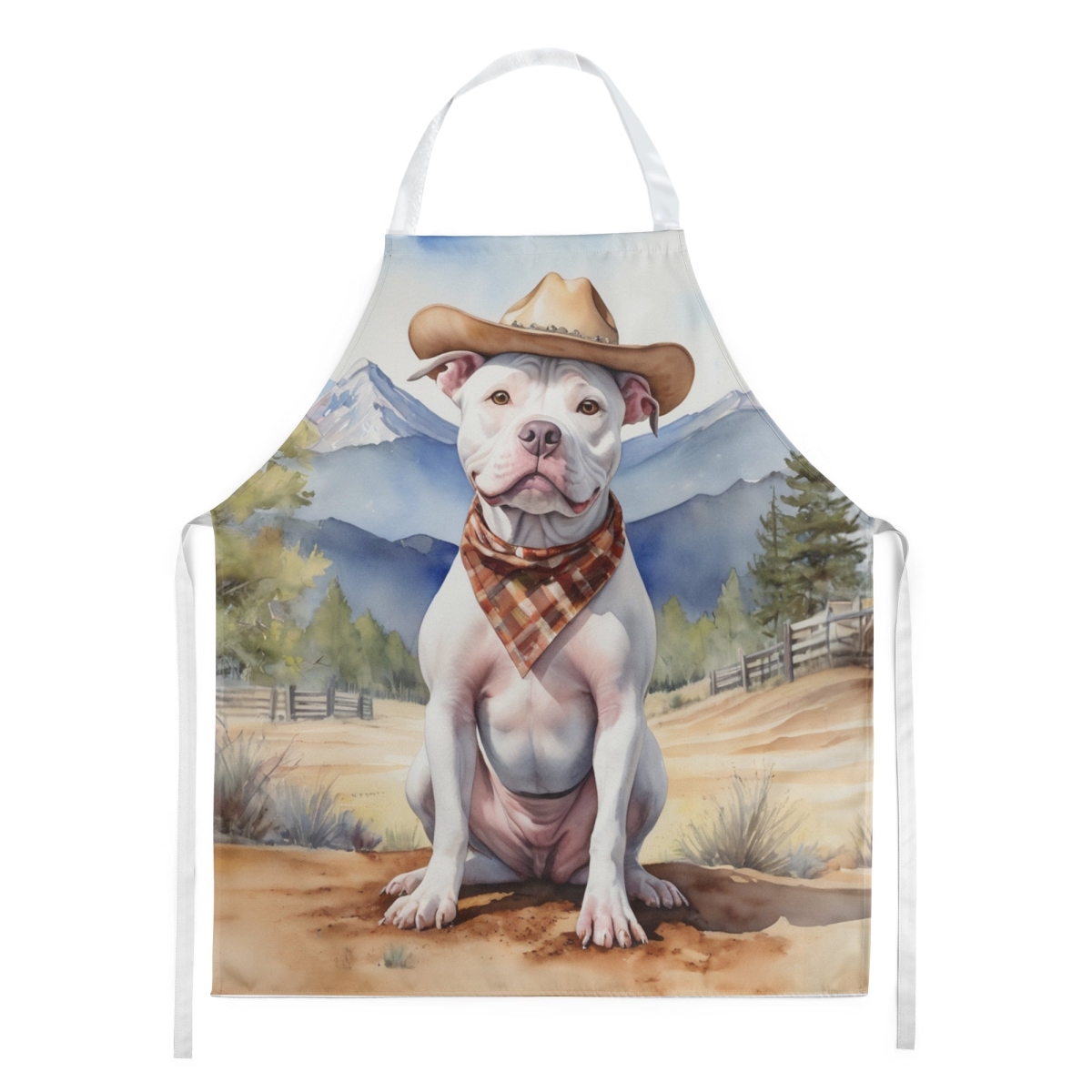 Picture of Carolines Treasures DAC5954APRON 30 x 27 in. Pit Bull Terrier Cowboy Welcome Apron
