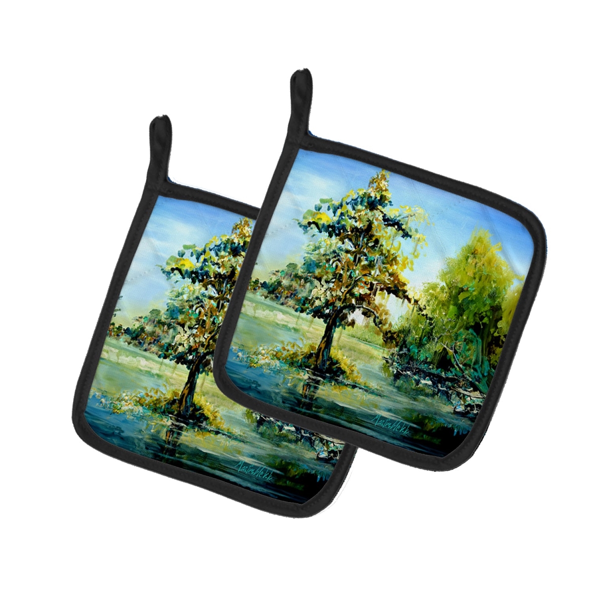Picture of Carolines Treasures MW2048PTHD 7.5 x 7.5 in. Cypress Tree in the Bayou Blue Pot Holders - Set of 2