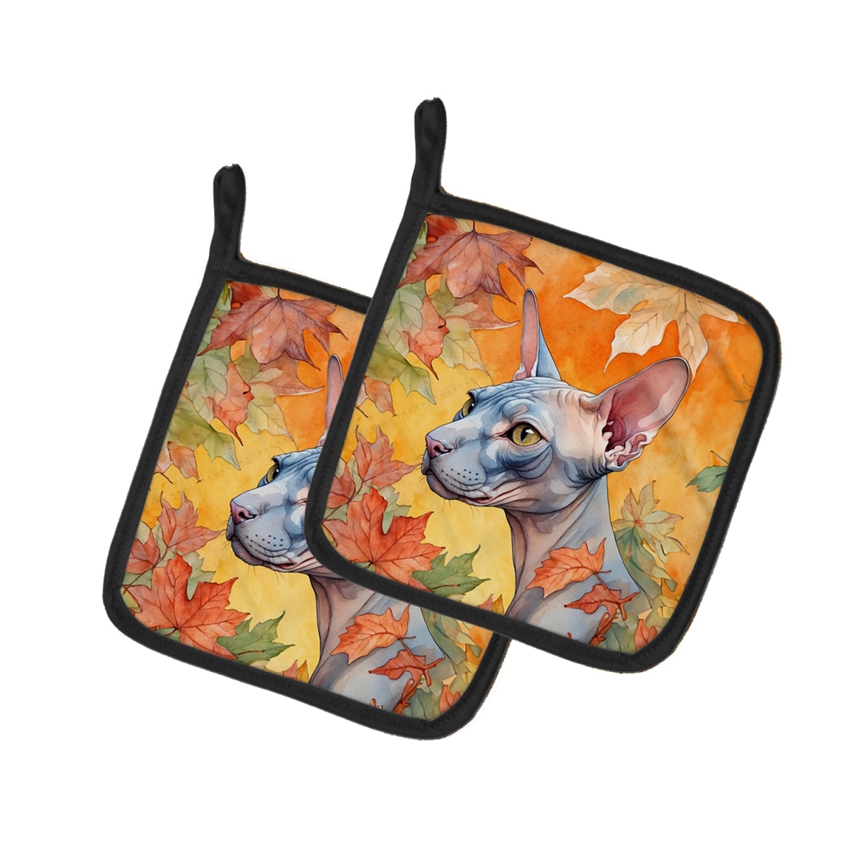 DAC7129PTHD 7.5 x 7.5 in. Donskoy Don Sphynx Cat in Fall Leaves Pot Holders - Set of 2