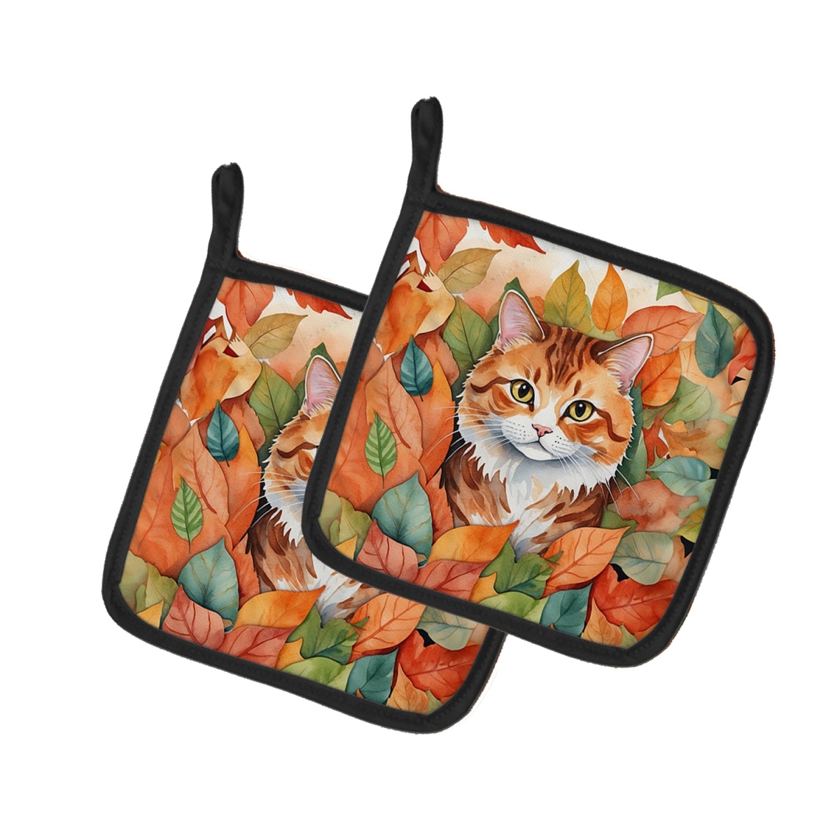 DAC7134PTHD 7.5 x 7.5 in. Foldex Exotic Fold Cat in Fall Leaves Pot Holders - Set of 2