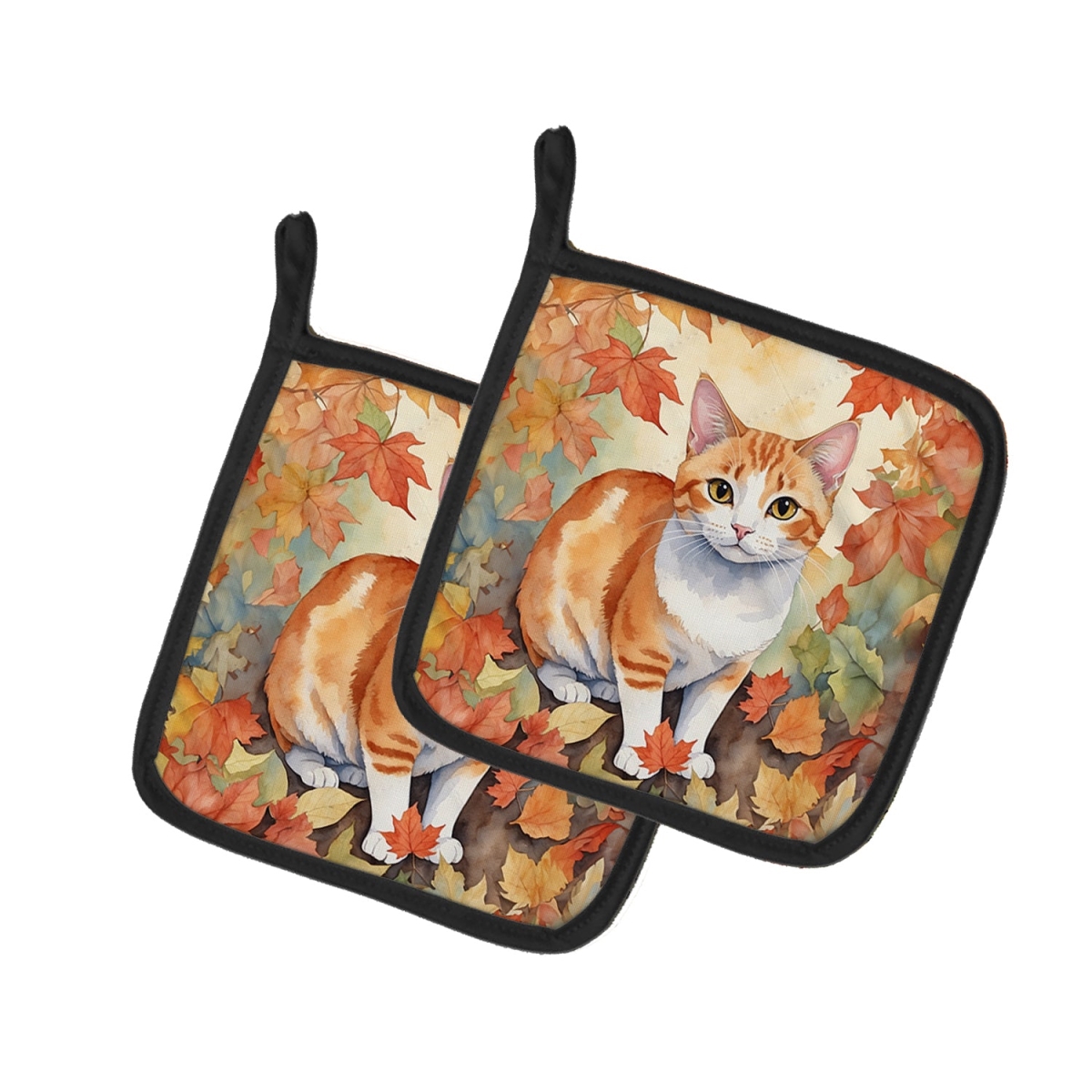DAC7140PTHD 7.5 x 7.5 in. Japanese Bobtail Cat in Fall Leaves Pot Holders - Set of 2