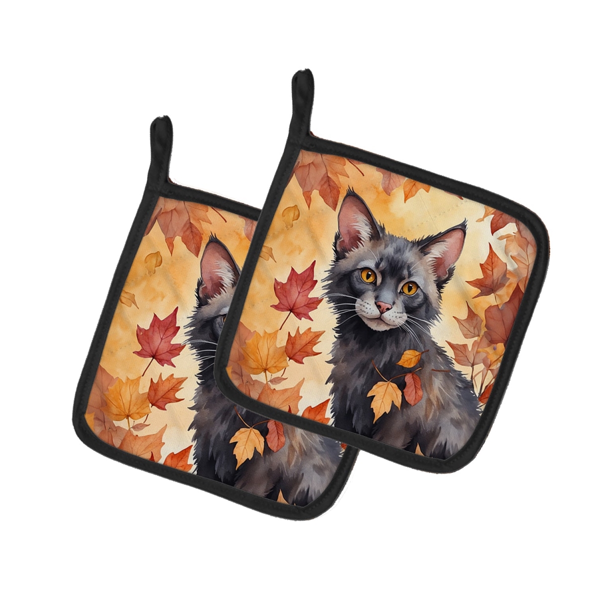 DAC7147PTHD 7.5 x 7.5 in. Lykoi Cat in Fall Leaves Pot Holders - Set of 2