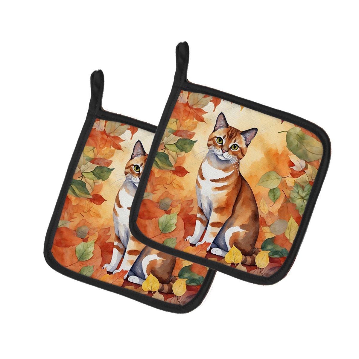 DAC7149PTHD 7.5 x 7.5 in. Malayan Cat in Fall Leaves Pot Holders - Set of 2
