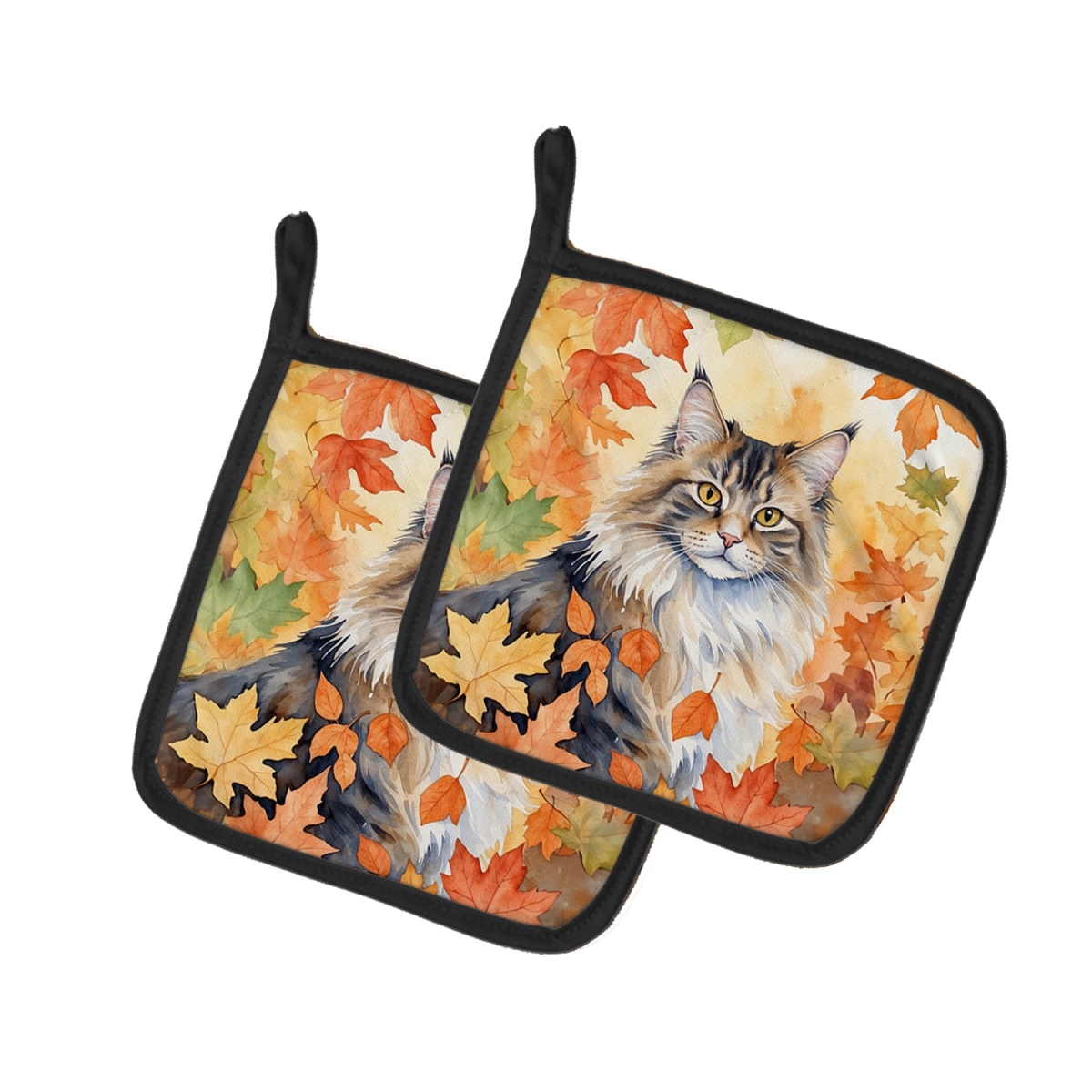 DAC7153PTHD 7.5 x 7.5 in. Norwegian Forest Cat in Fall Leaves Pot Holders - Set of 2
