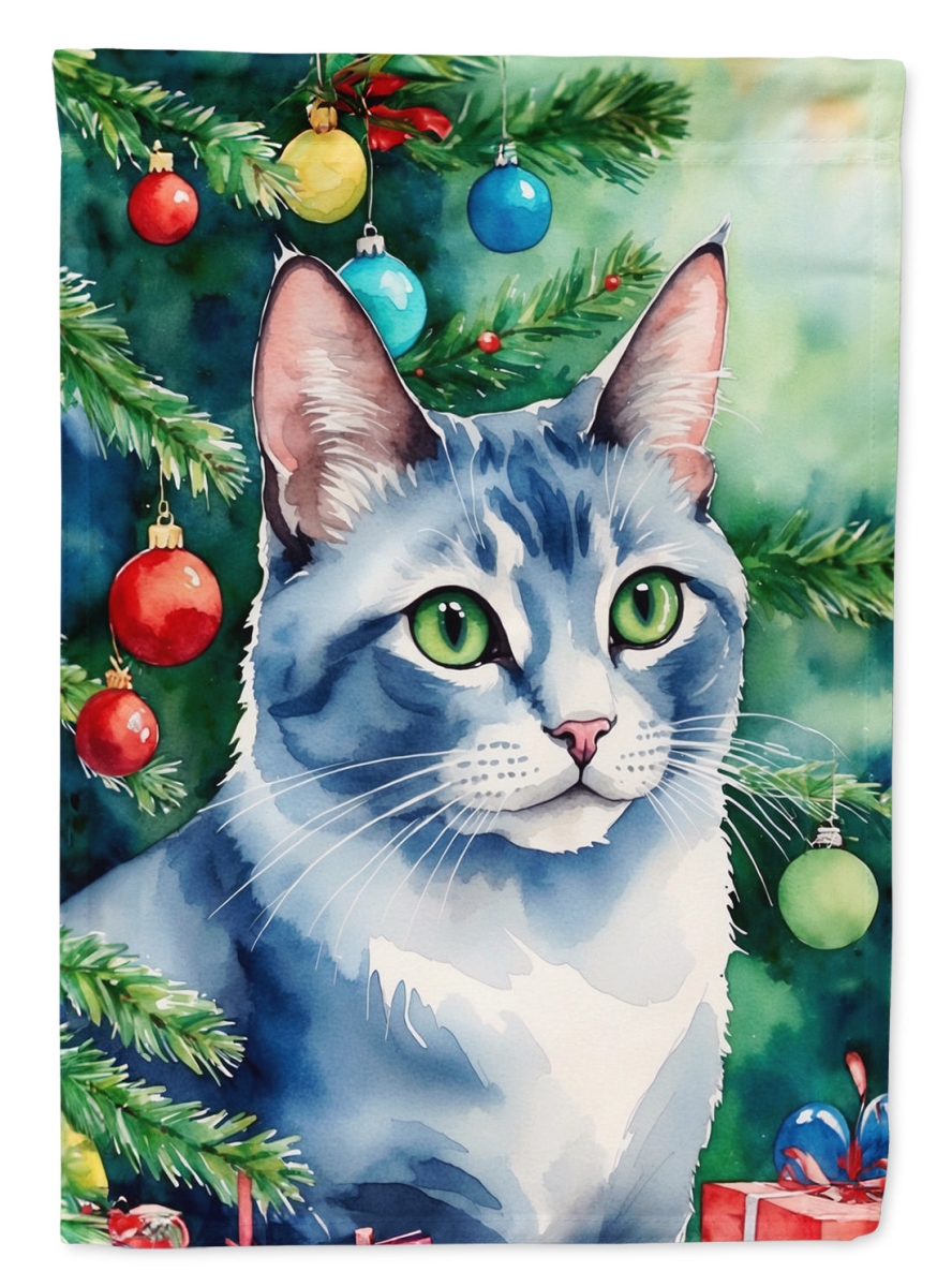 DAC7238GF 15.5 x 11.25 in. Ojos Azules Cat by the Christmas Tree Garden Flag