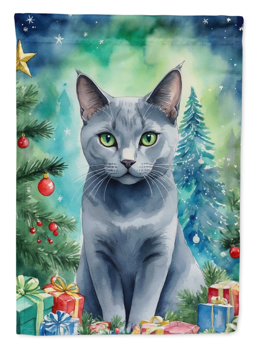 DAC7250GF 15.5 x 11.25 in. Russian Blue Cat by the Christmas Tree Garden Flag