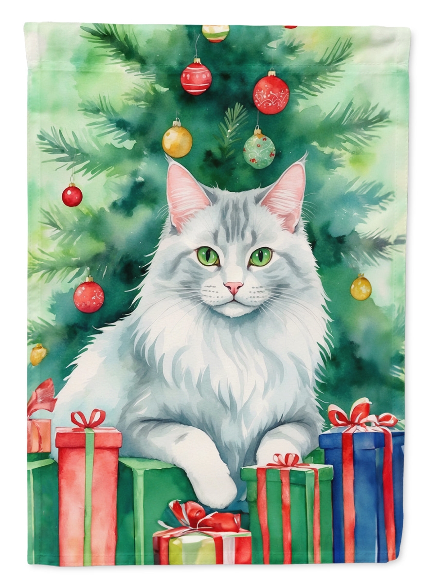DAC7267GF 15.5 x 11.25 in. Turkish Angora Cat by the Christmas Tree Garden Flag