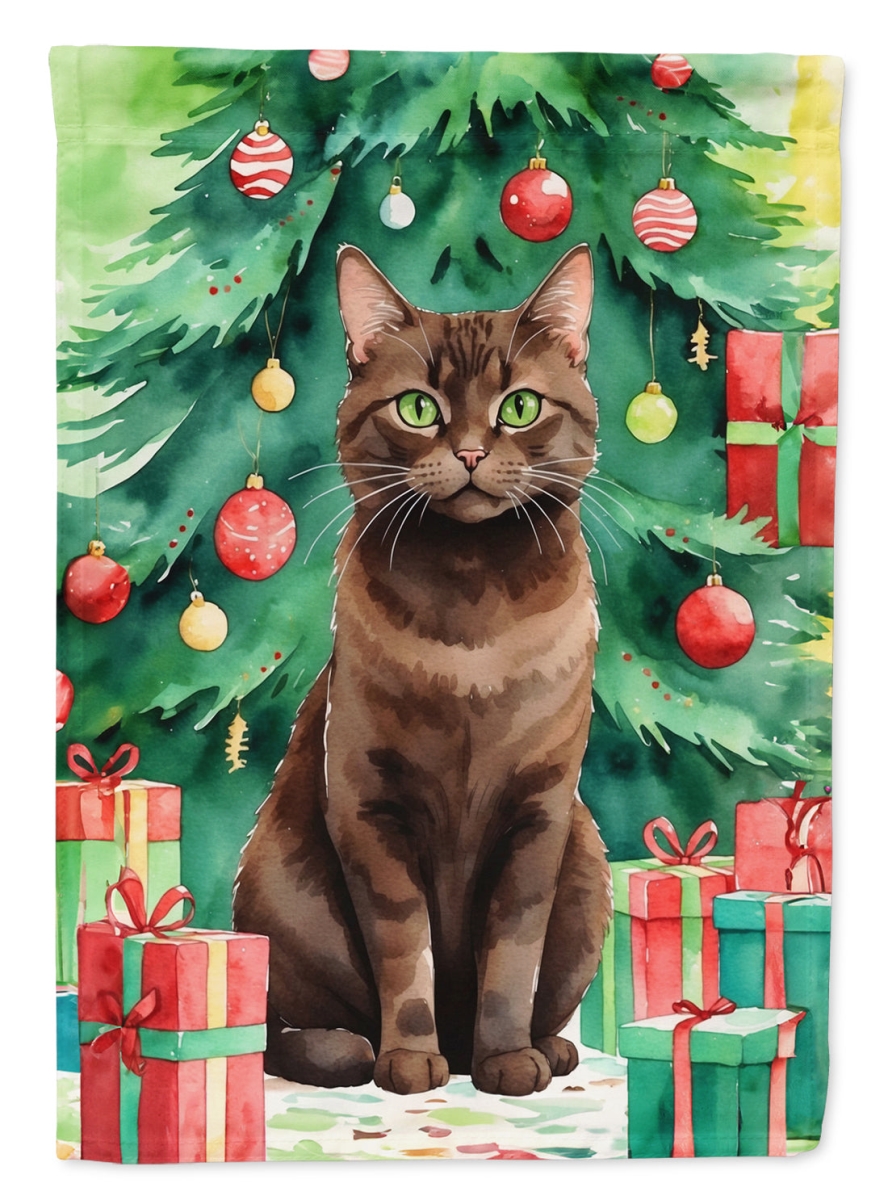 DAC7271GF 15.5 x 11.25 in. York Chocolate Cat by the Christmas Tree Garden Flag