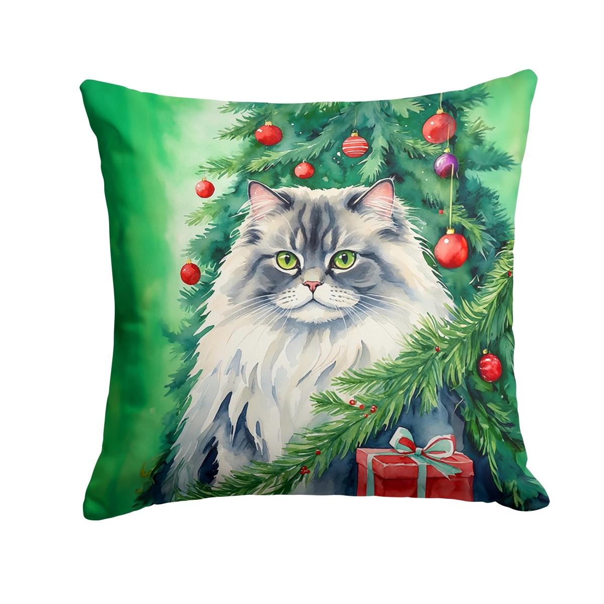 DAC7199PW1818 18 x 18 in. British Longhair Cat by the Christmas Tree Throw Pillow