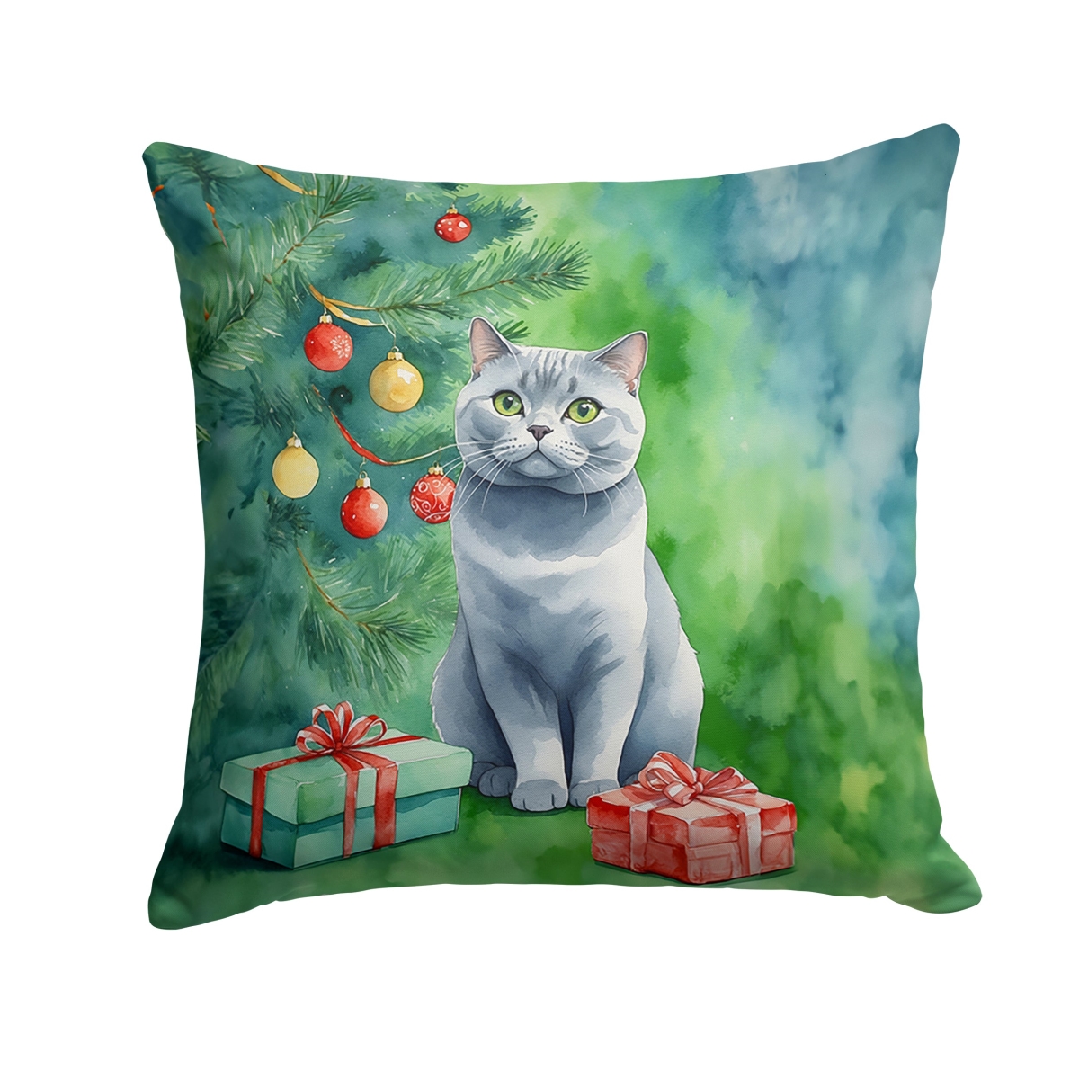 DAC7200PW1818 18 x 18 in. British Shorthair Cat by the Christmas Tree Throw Pillow