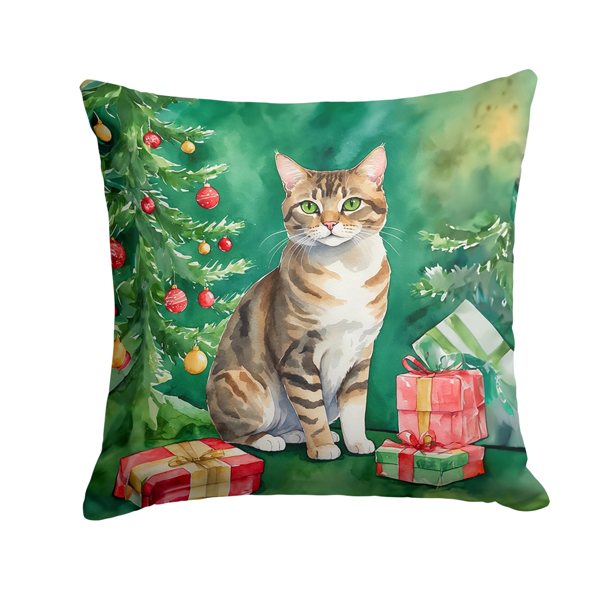 DAC7201PW1818 18 x 18 in. California Spangled Cat by the Christmas Tree Throw Pillow