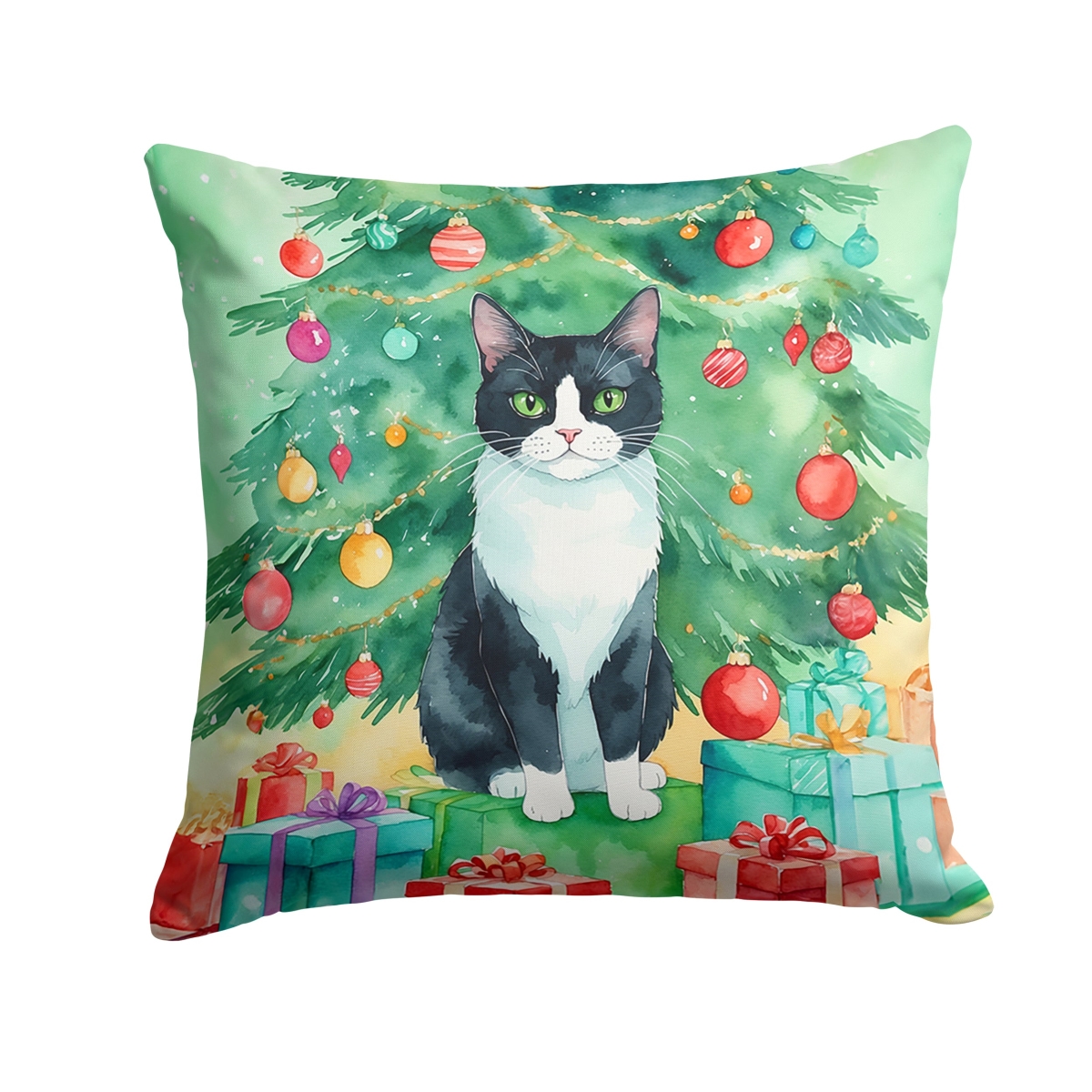 DAC7202PW1818 18 x 18 in. Chantilly Tiffany Cat by the Christmas Tree Throw Pillow