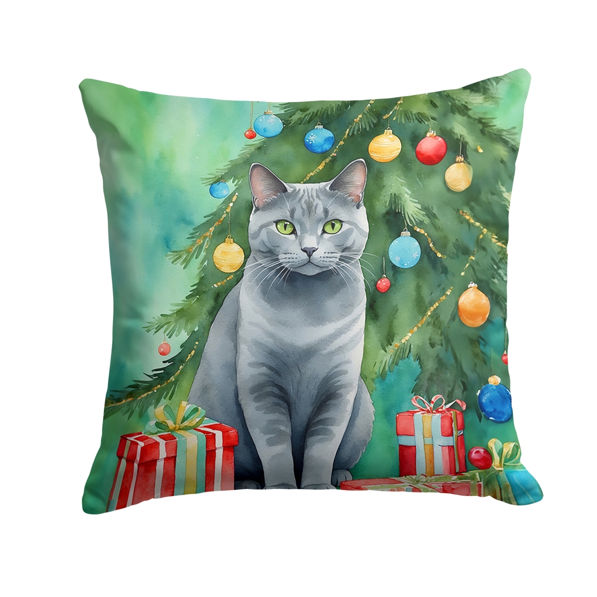 DAC7203PW1818 18 x 18 in. Chartreux Cat by the Christmas Tree Throw Pillow