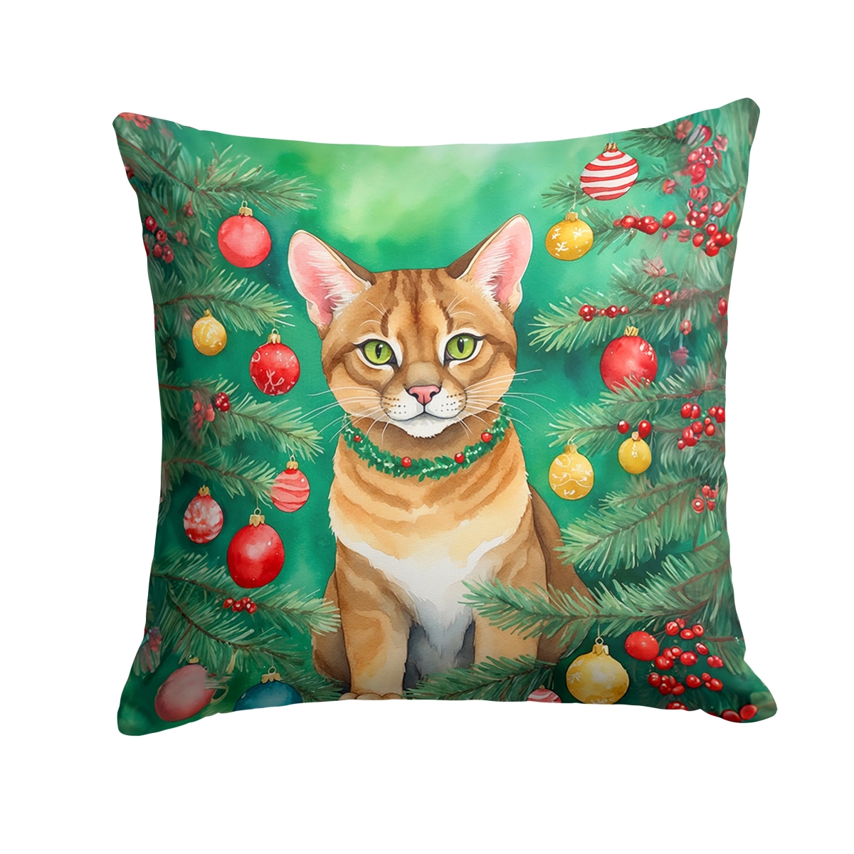 DAC7204PW1818 18 x 18 in. Chausie Cat by the Christmas Tree Throw Pillow