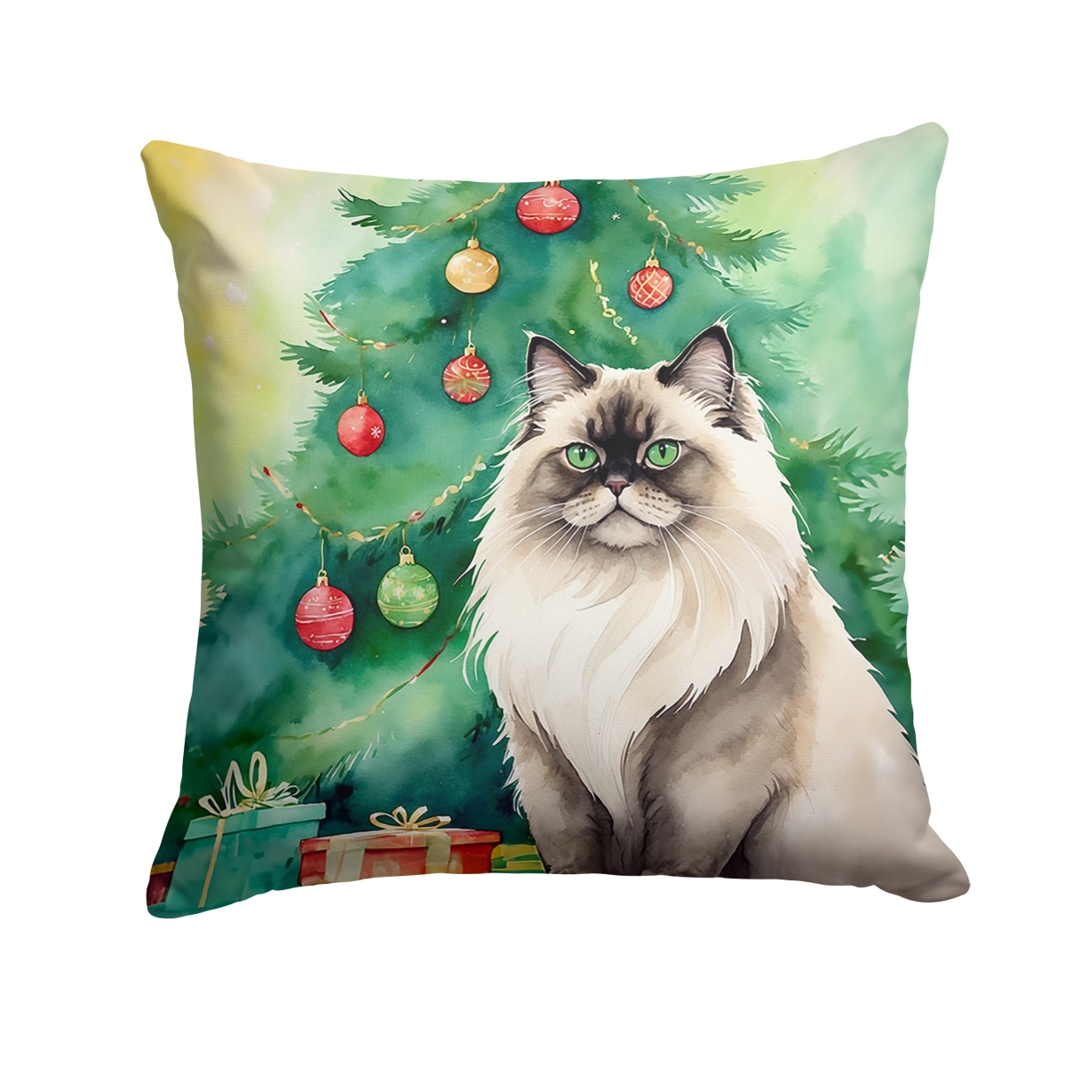 DAC7206PW1818 18 x 18 in. Colorpoint Longhair Cat by the Christmas Tree Throw Pillow