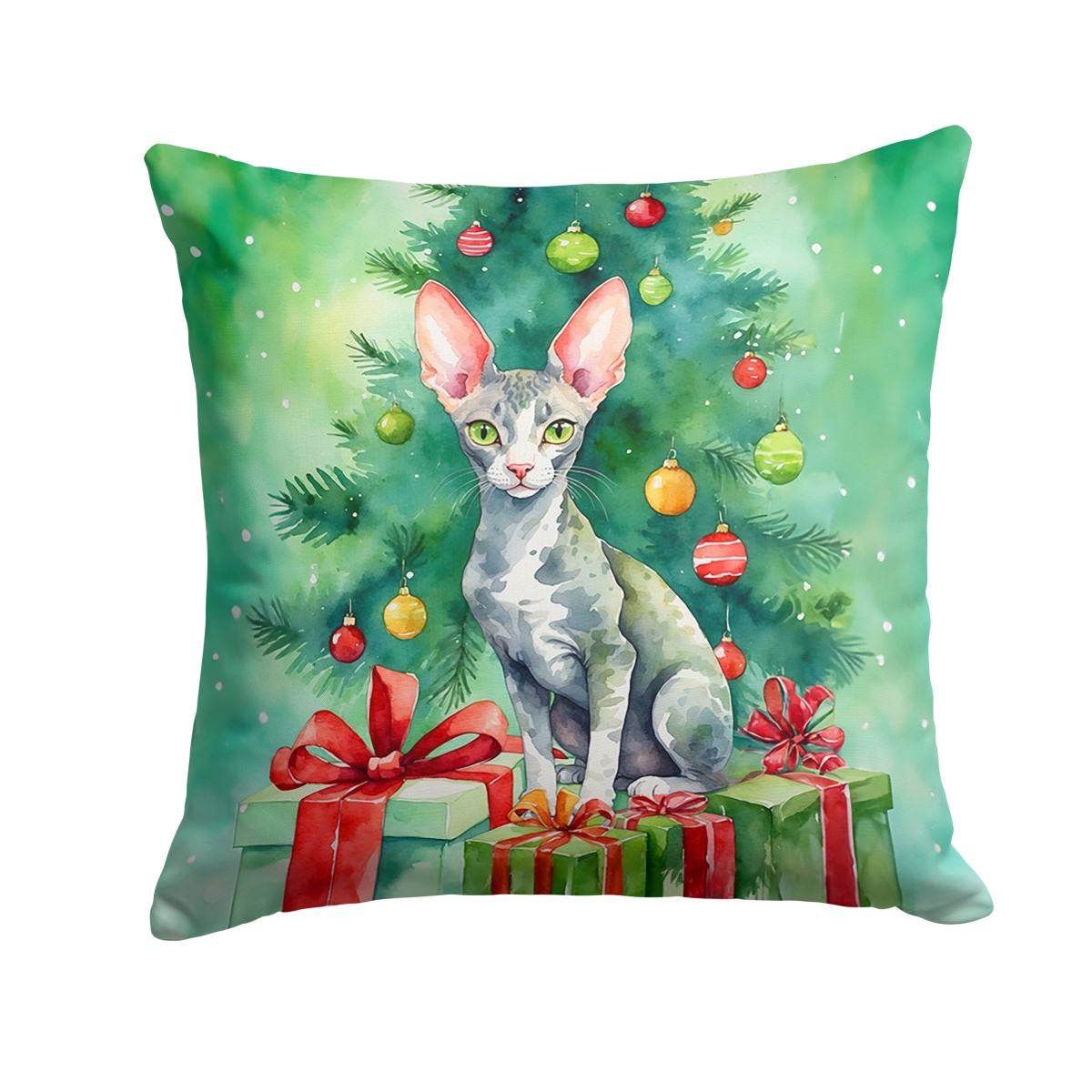 DAC7208PW1818 18 x 18 in. Cornish Rex Cat by the Christmas Tree Throw Pillow