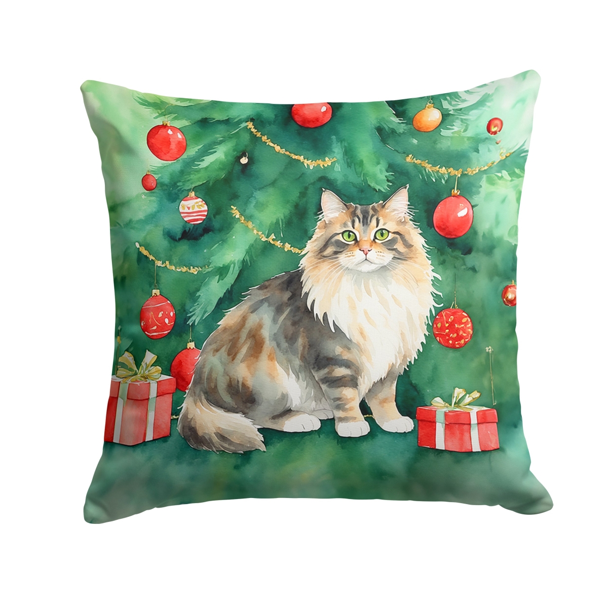 DAC7209PW1818 18 x 18 in. Cymric Cat by the Christmas Tree Throw Pillow