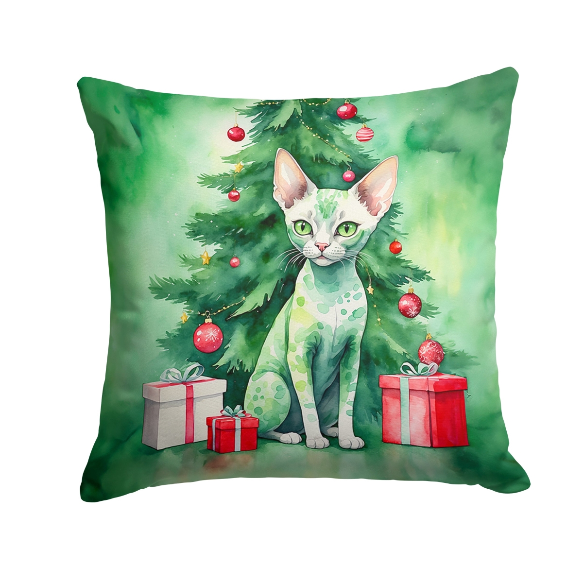 DAC7210PW1818 18 x 18 in. Devon Rex Cat by the Christmas Tree Throw Pillow