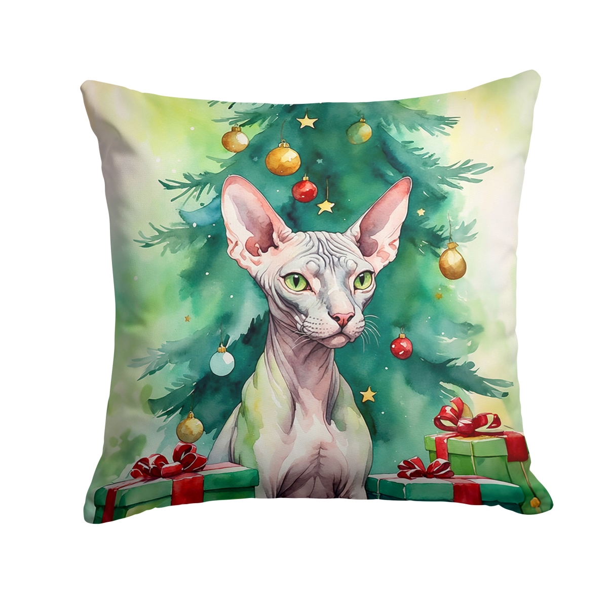 DAC7211PW1818 18 x 18 in. Donskoy Don Sphynx Cat by the Christmas Tree Throw Pillow