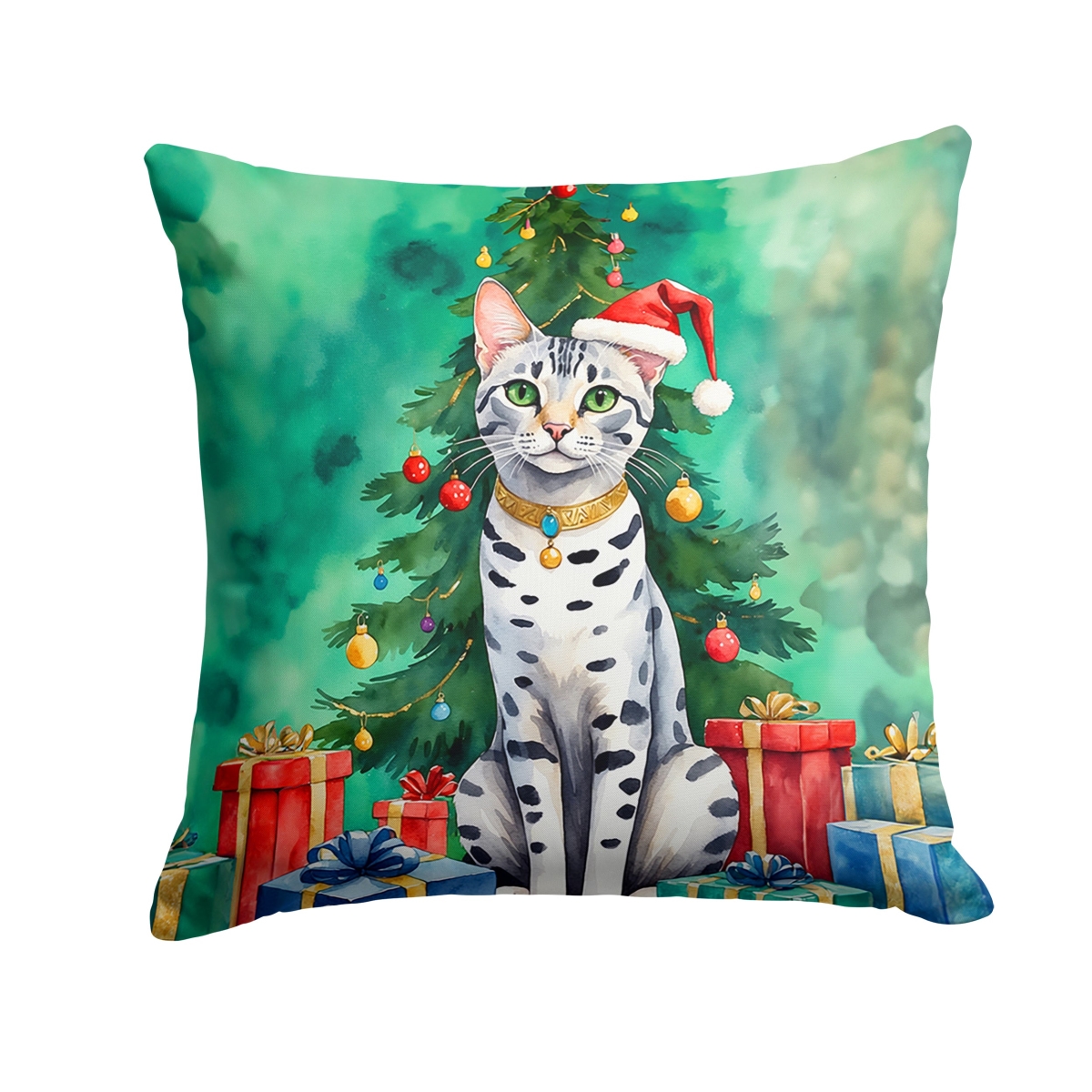 DAC7213PW1818 18 x 18 in. Egyptian Mau Cat by the Christmas Tree Throw Pillow