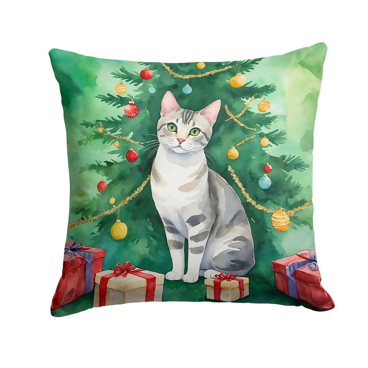 DAC7214PW1818 18 x 18 in. European Shorthair Cat by the Christmas Tree Throw Pillow