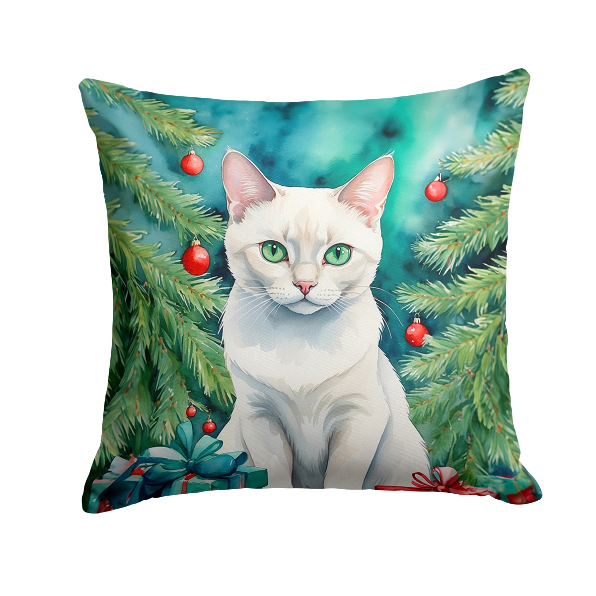 DAC7217PW1818 18 x 18 in. Foreign White Cat by the Christmas Tree Throw Pillow