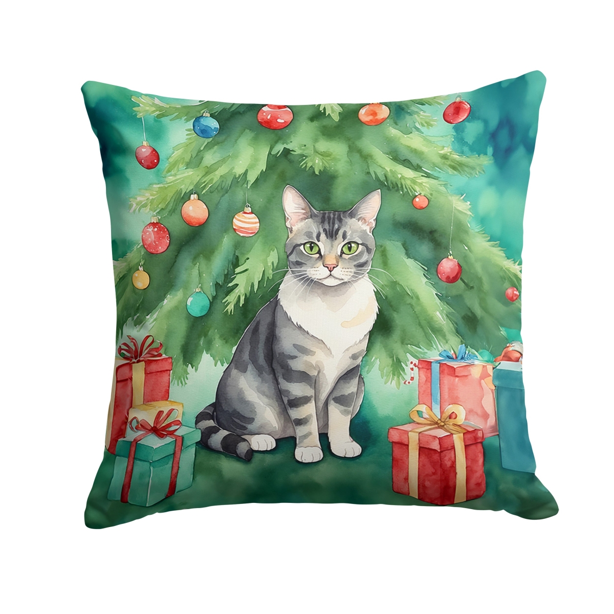 DAC7218PW1818 18 x 18 in. German Rex Cat by the Christmas Tree Throw Pillow