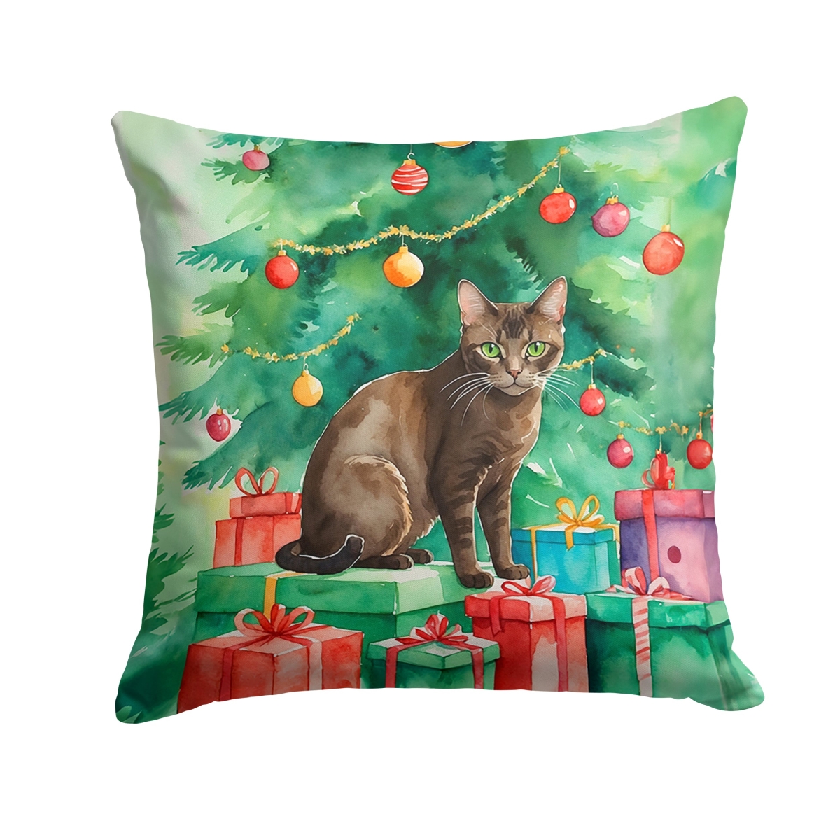 DAC7219PW1818 18 x 18 in. Havana Brown Cat by the Christmas Tree Throw Pillow
